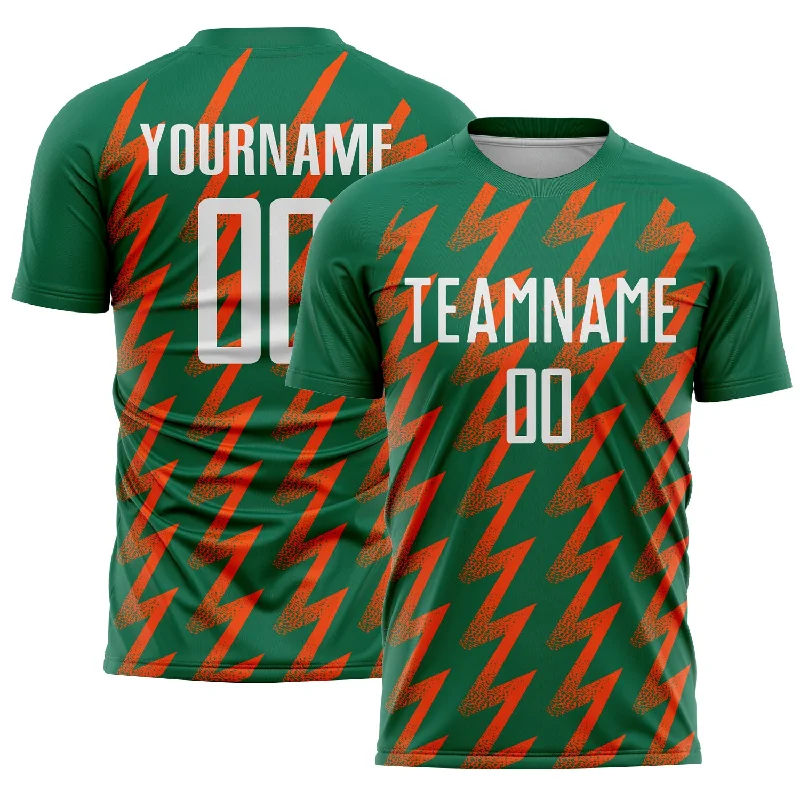 Soccer Jerseys with Multiple Pockets for Storage-Custom Kelly Green White-Orange Zigzag Shape Sublimation Soccer Uniform Jersey