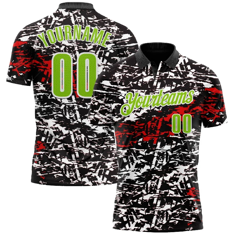 Professional Golf Polo Shirts for Tournaments-Custom Black Neon Green-Red 3D Bowling Abstract Grunge Art Performance Polo Shirt