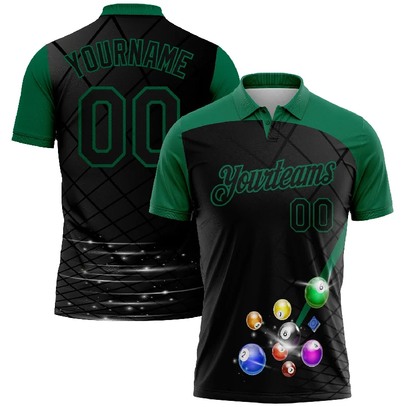 Golf Polo Shirts with Contrast Collar for a Sporty Touch-Custom Black Kelly Green 3D Pattern Design Billiards Performance Polo Shirt