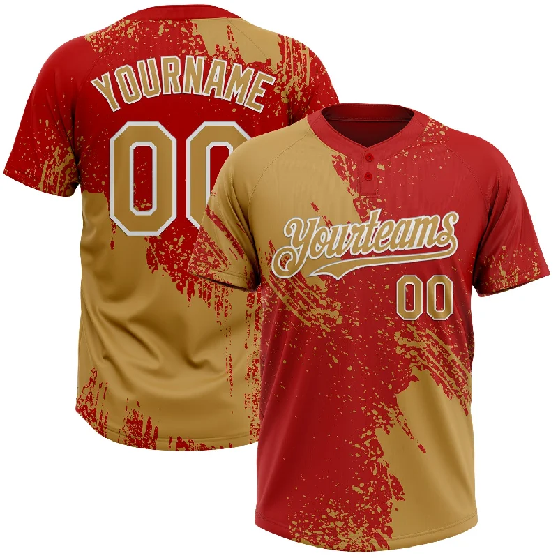 Softball Jerseys for Custom Branding and Sponsorships-Custom Old Gold Red-White 3D Pattern Abstract Brush Stroke Two-Button Unisex Softball Jersey