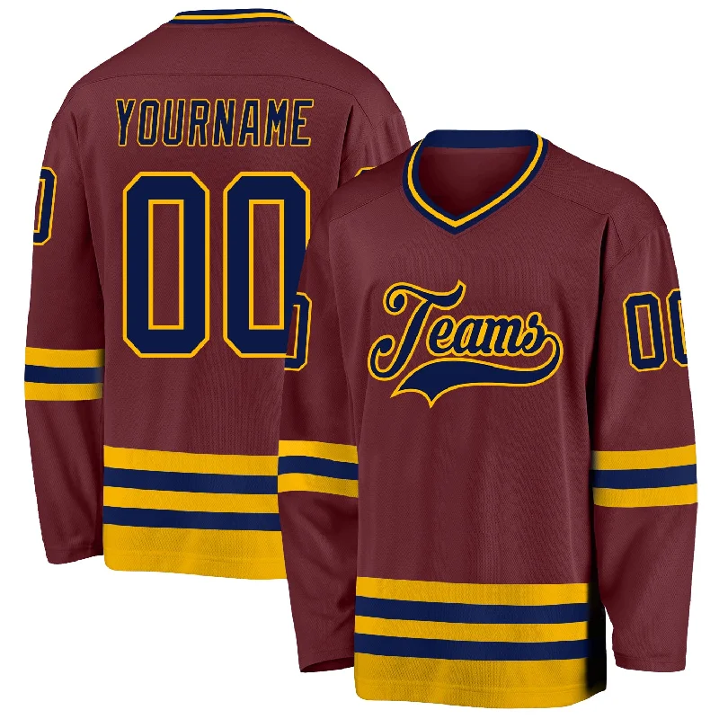 Authentic NHL Hockey Jerseys for Fans-Custom Burgundy Navy-Gold Hockey Jersey