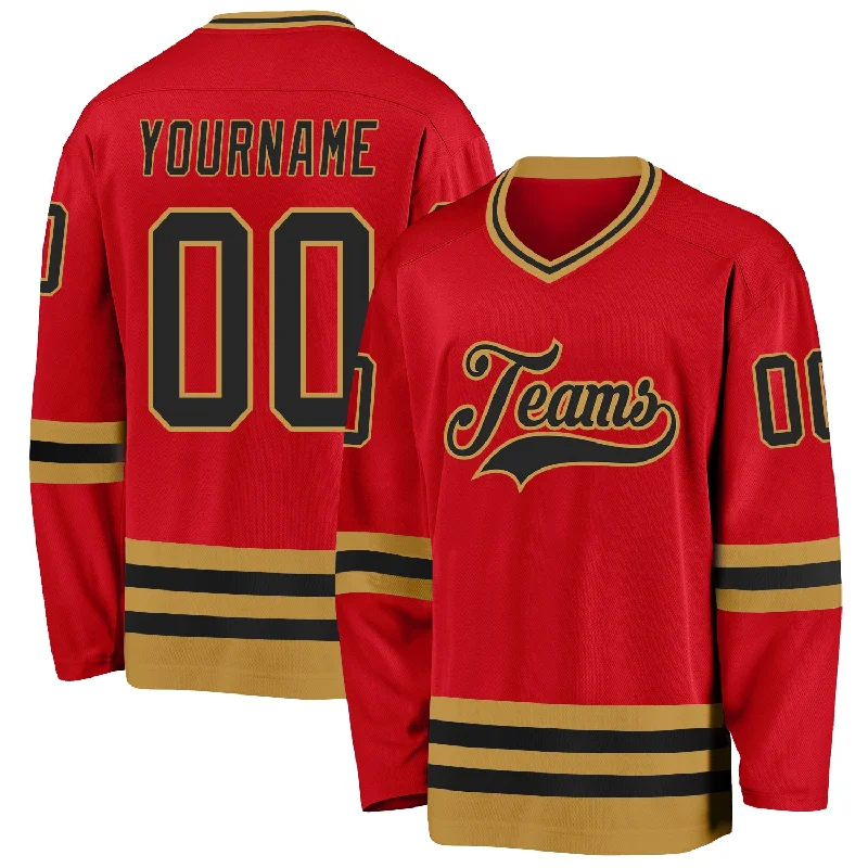 Full-Button Hockey Jerseys for Classic Look-Custom Red Black-Old Gold Hockey Jersey