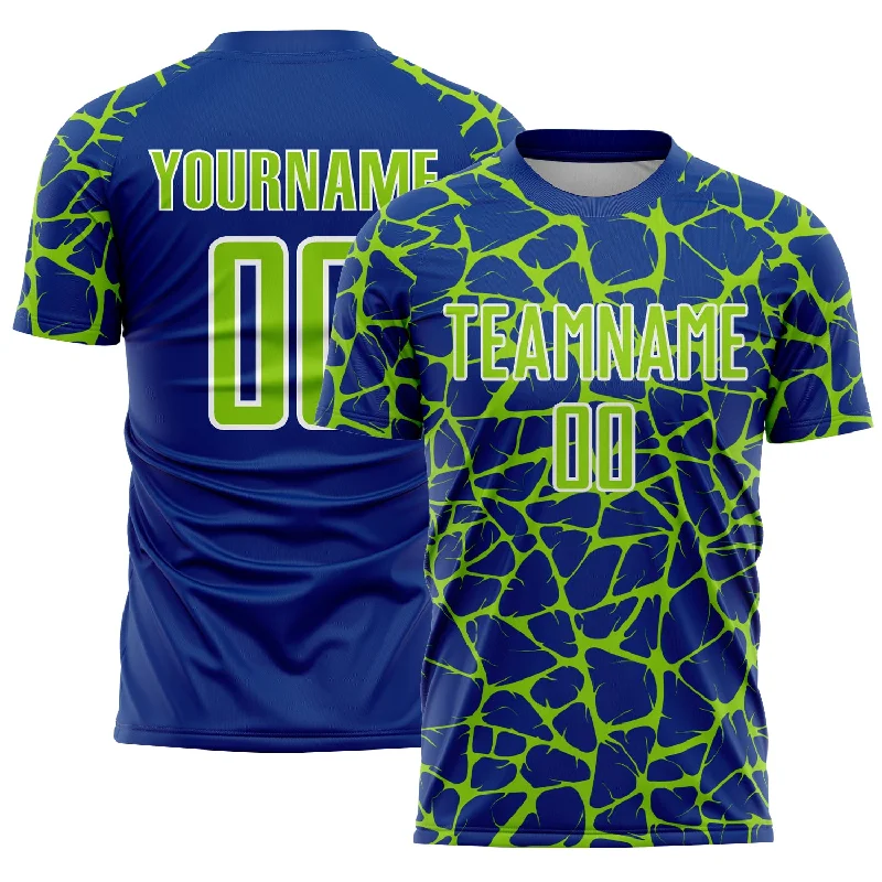 Soccer Jerseys with Customized Player Numbers for Personalization-Custom Royal Neon Green-White Abstract Network Splash Sublimation Soccer Uniform Jersey