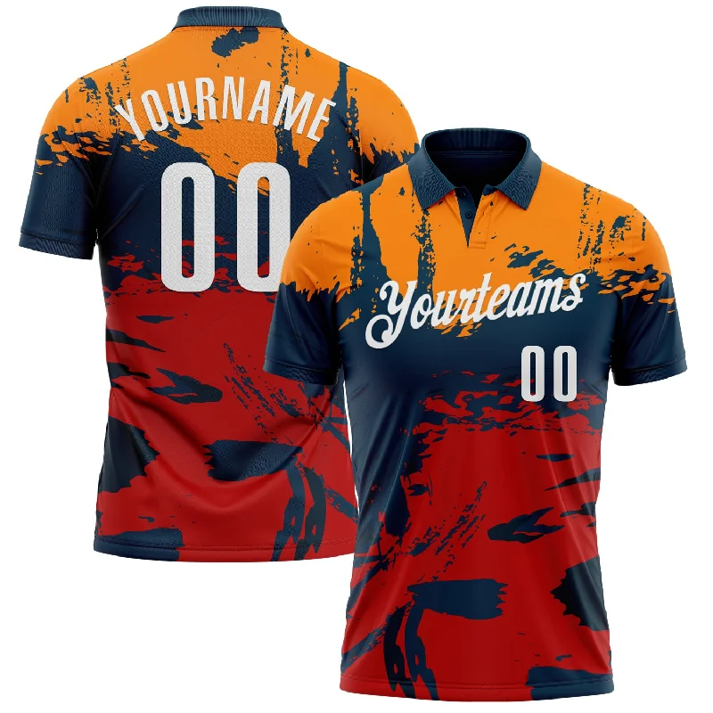 Customizable Golf Polo Shirts for Corporate Events-Custom Navy Bay Orange-Red 3D Bowling Splash Ink Performance Polo Shirt