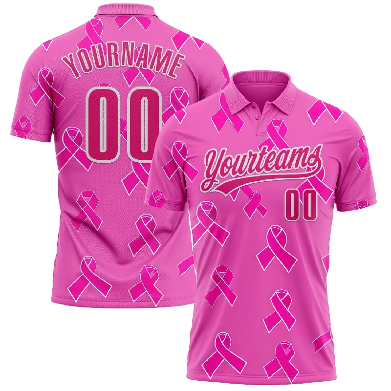 Athletic Fit Golf Polo Shirts for Men and Women-Custom Pink Hot Pink-White 3D Pink Ribbon Breast Cancer Awareness Month Women Health Care Support Performance Polo Shirt