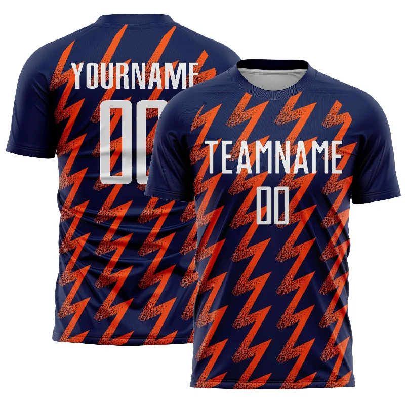 Soccer Jerseys with Elastic Cuffs for Snug Fit-Custom Navy White-Orange Zigzag Shape Sublimation Soccer Uniform Jersey