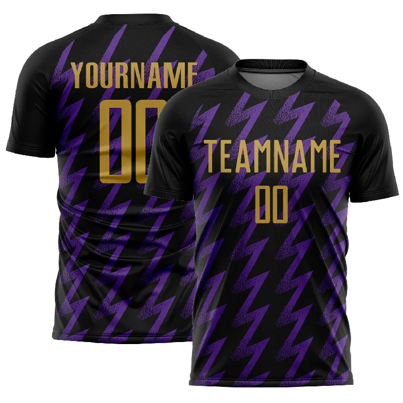 Youth Soccer Jerseys with Elastic Sleeves for Secure Fit-Custom Black Old Gold-Purple Zigzag Shape Sublimation Soccer Uniform Jersey