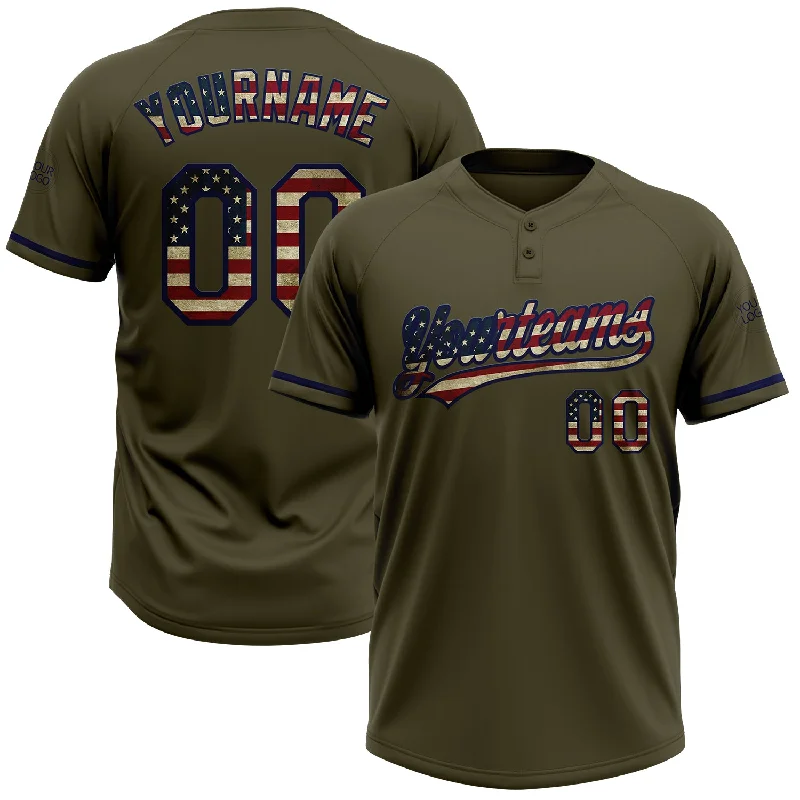 High-Durability Softball Jerseys for Tough Games-Custom Olive Vintage USA Flag-Navy Salute To Service Two-Button Unisex Softball Jersey