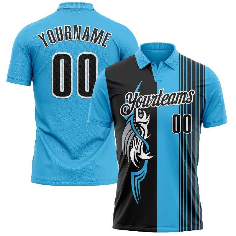 Sporty Golf Polo Shirts with Modern Cuts and Design-Custom Sky Blue Black-White 3D Bowling Tattoos Performance Polo Shirt